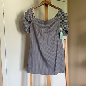 Off the shoulder navy stripe dress